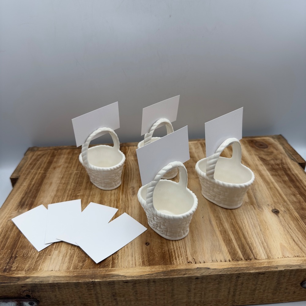 Lillian Vernon Basket Placecard Holders White Ceramic Vintage Set of 4